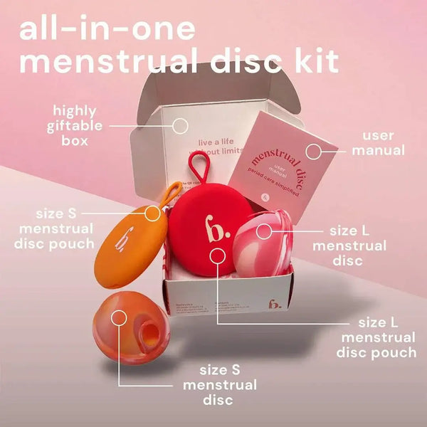 Bodyotics Comfydisc reusable menstrual disc kit with two sizes, pouches, user manual, and gift box for leak-free period protection.