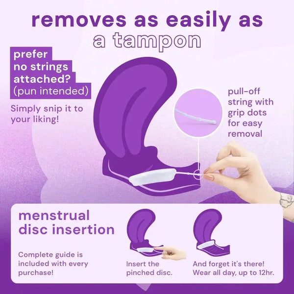 Bodyotics Comfydisc reusable menstrual disc with easy tampon-like removal and pull-off string for up to 12 hours leak-free protection.