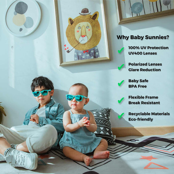 Sky blue flexible polarized baby sunglasses with strap for 0-24 months featuring durable, BPA-free materials, UV400 protection, and eco-friendly design.