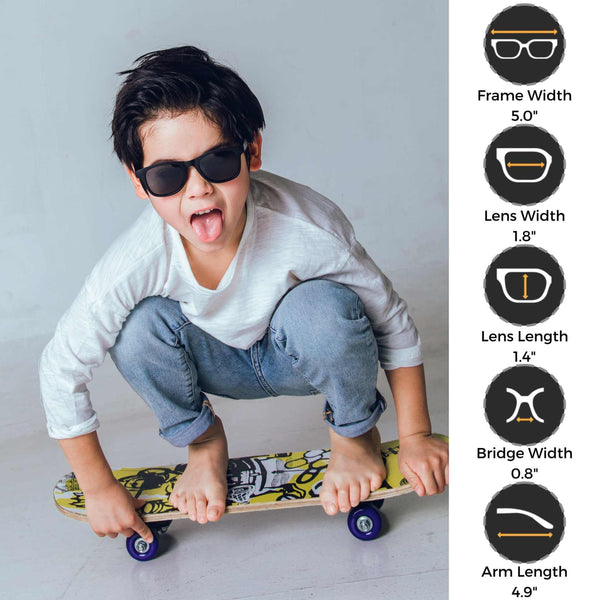 Black flexible polarized kids sunglasses for ages 3-8, offering UV400 protection and shatterproof design.