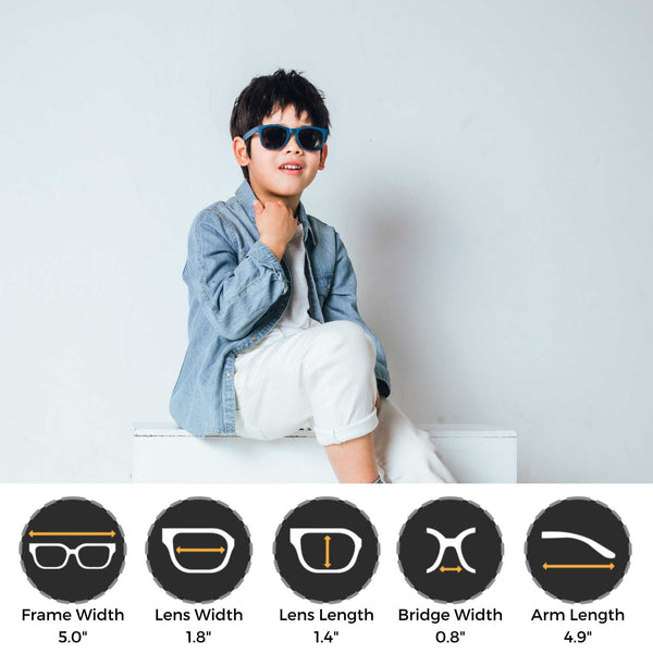 Navy blue flexible polarized kids sunglasses for ages 3-8, featuring UV400 protection and eco-friendly materials.