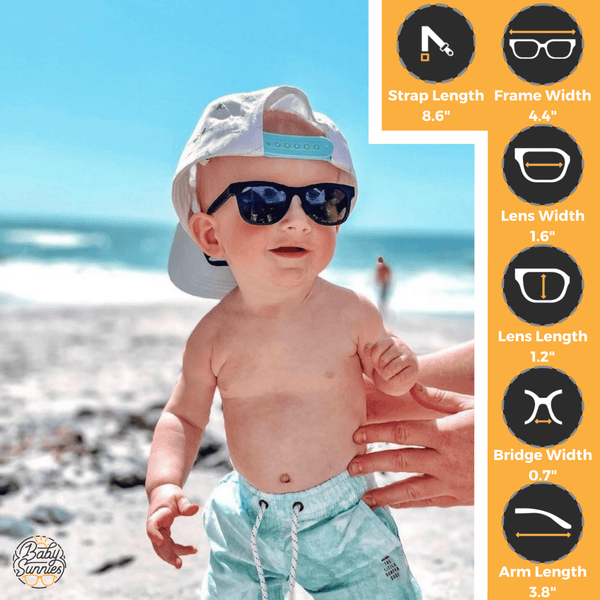 Black flexible polarized toddler sunglasses with adjustable strap for 0-24 months, offering 100% UVA and UVB protection with a durable, eco-friendly design.