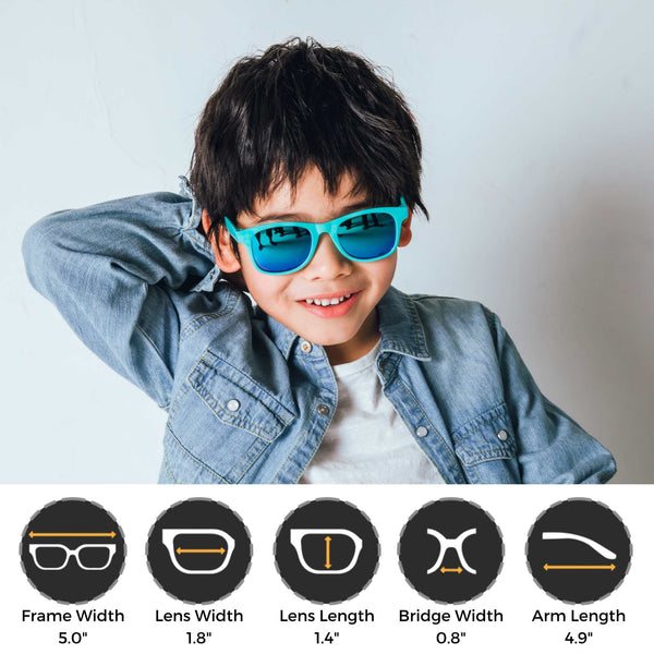 Sky blue polarized kids sunglasses for ages 3-8, offering UV400 protection with a flexible silicone frame.