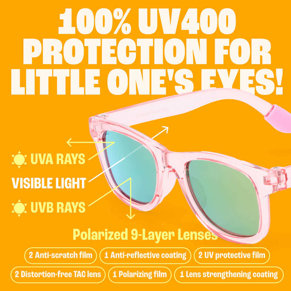 Transparent Pink Polarized Baby Sunglasses with Strap 0-24 Months with 100% UV400 protection for little one's eyes.