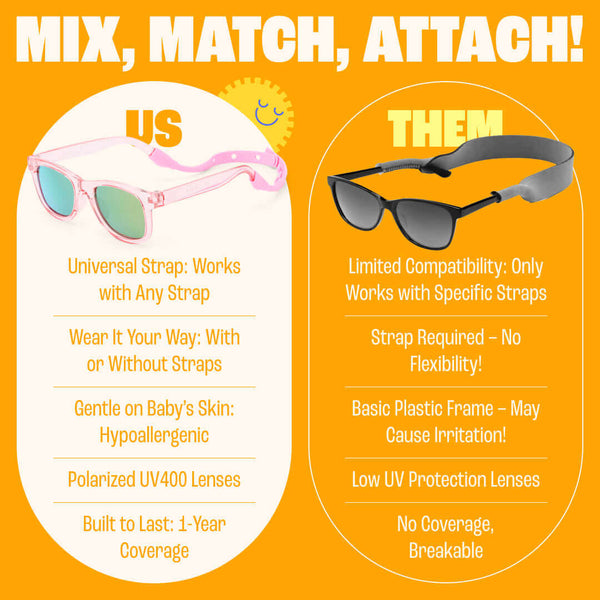 Comparison of Transparent Pink Polarized Baby Sunglasses with Strap 0-24 Months and other sunglasses, highlighting features.