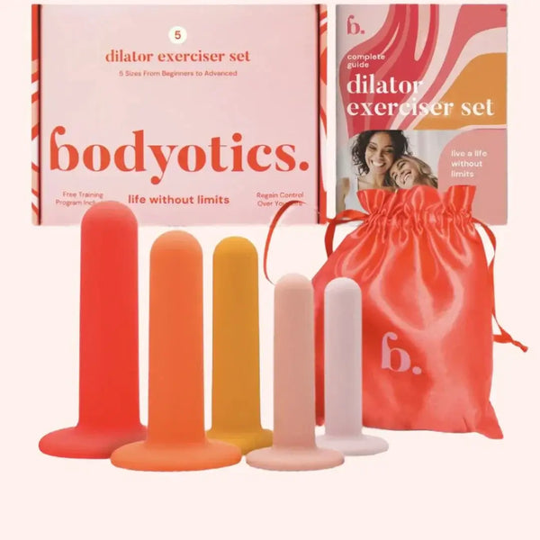 Bodyotics 5pcs vaginal dilator set with BPA-free silicone, five sizes, carrying pouch, and guide for pelvic floor relief and recovery