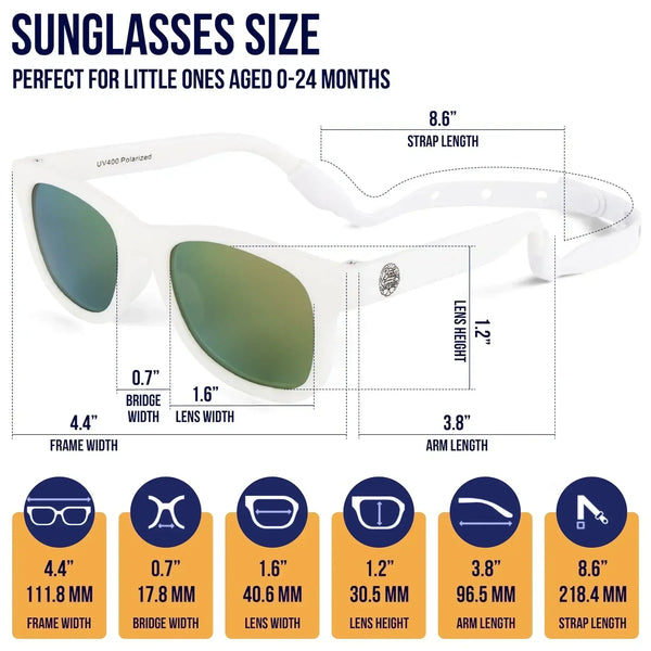 White polarized baby sunglasses with adjustable strap for 0-24 months, UV400 protection, non-toxic materials.
