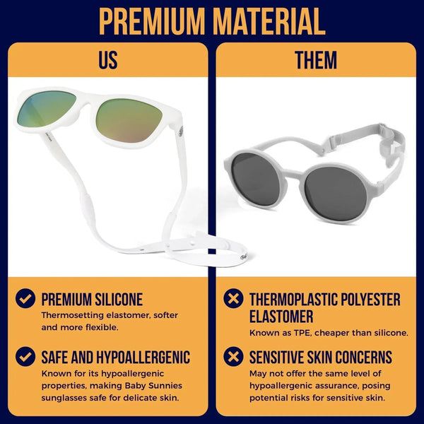 White polarized baby sunglasses with adjustable strap, made from premium silicone for infants 0-24 months; hypoallergenic, UV400 protection.