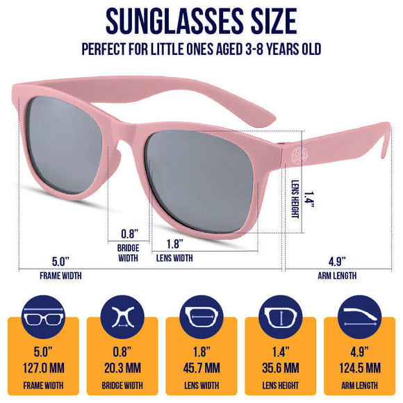 Pink polarized baby sunglasses with strap, UV400 protection, flexible frame, eco-friendly design.