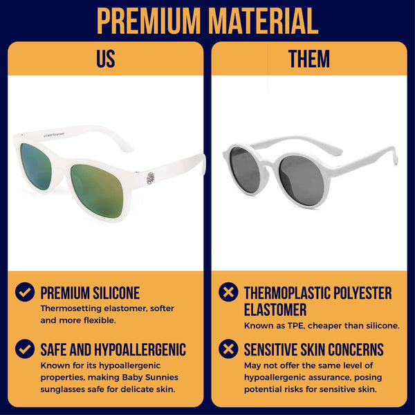 White polarized baby sunglasses with UV400 protection, durable BPA-free materials, adjustable strap, and flexible silicone frame for kids aged 3-8 years.