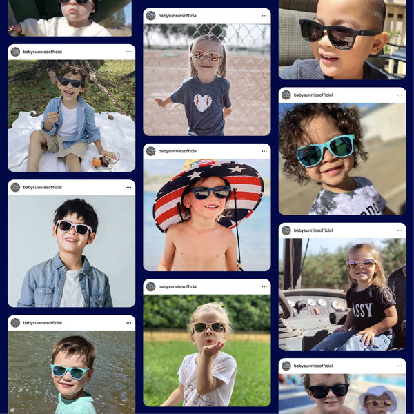 Children wearing different styles of polarized sunglasses for ages 3-8, showcasing UV protection and comfortable designs.