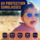 White polarized kids' sunglasses with UV protection for ages 3-8, featuring durable, eco-friendly design and adjustable strap.