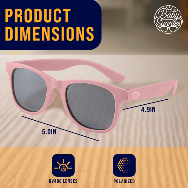 Pink polarized baby sunglasses with strap for 0-24 months, UV400 protection, shatterproof, eco-friendly materials.