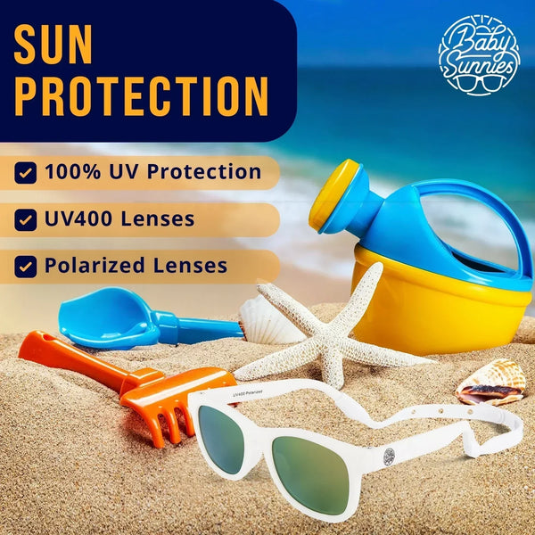 White polarized baby sunglasses with strap for 0-24 months, offering 100% UV protection and eco-friendly materials.