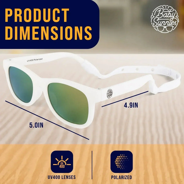 White polarized baby sunglasses with adjustable strap for 0-24 months, featuring UV400 protection and eco-friendly materials.